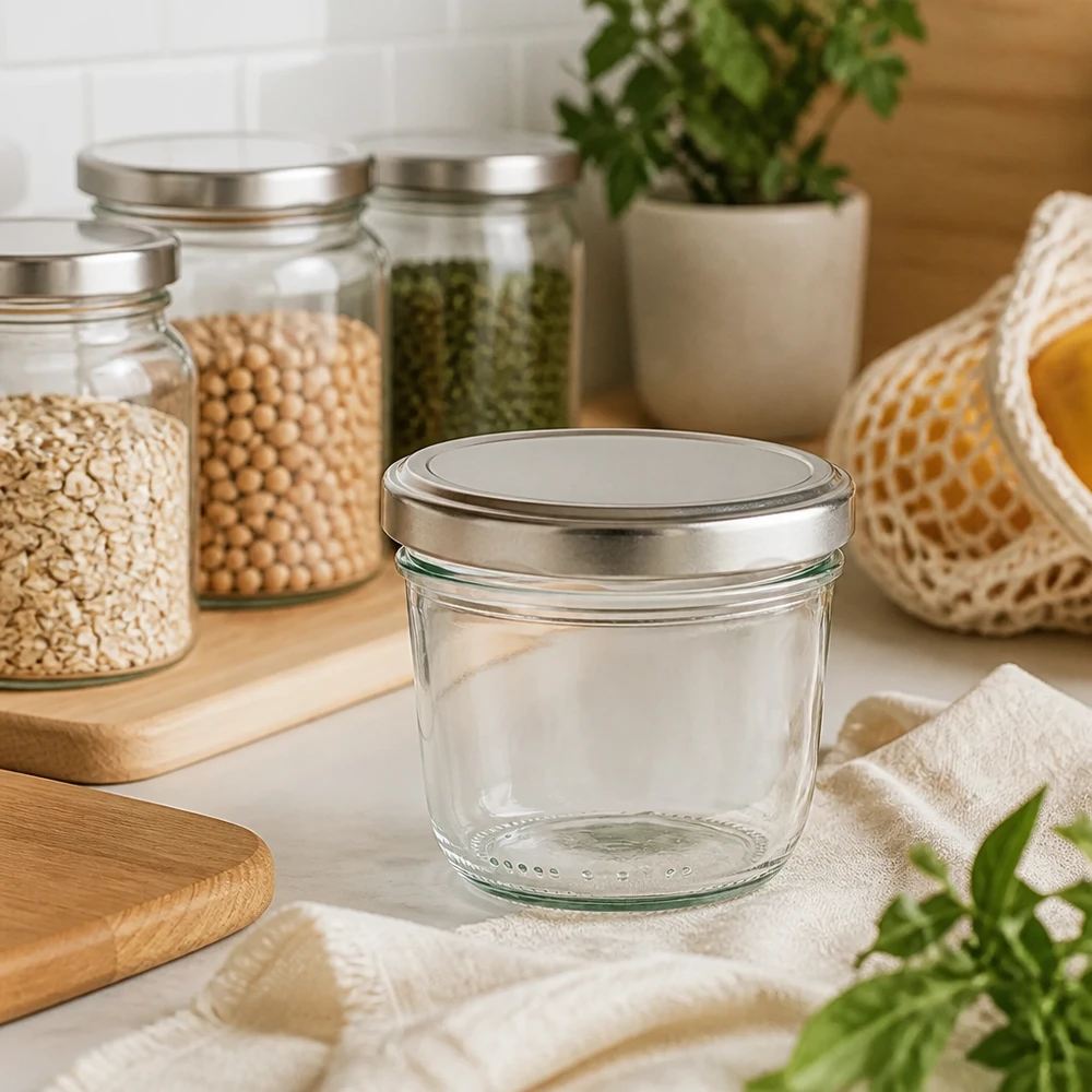 Verre renversé de 230 ml avec couvercle BasicSeal argenté dans cuisine durable avec bocaux à provisions et planche en bois Lifestyle