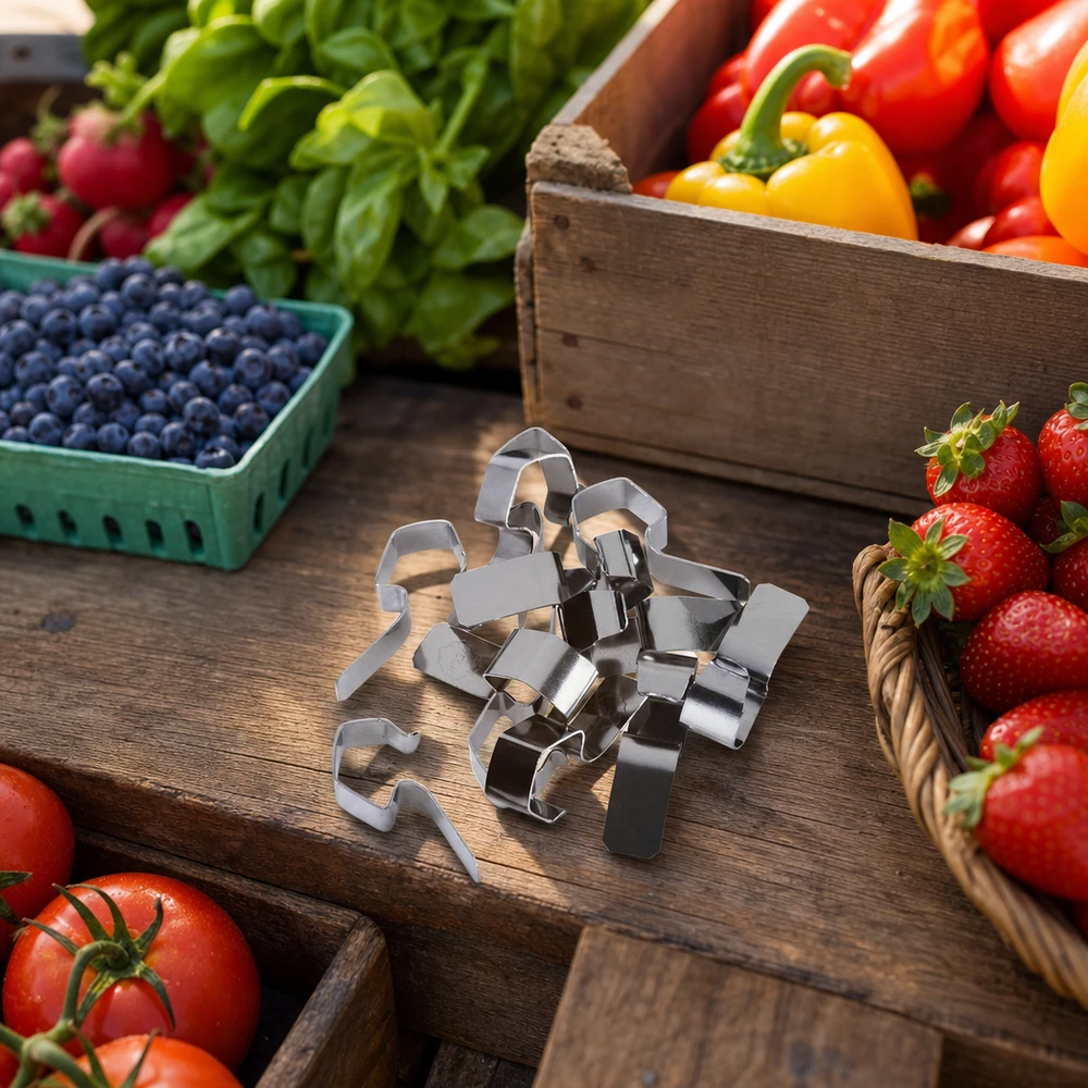 Attache pour conserve WECK Pinces à confiture en acier inoxydable entourées de légumes frais, de fruits et de baies sur une table en bois rustique Accessoires de cuisine