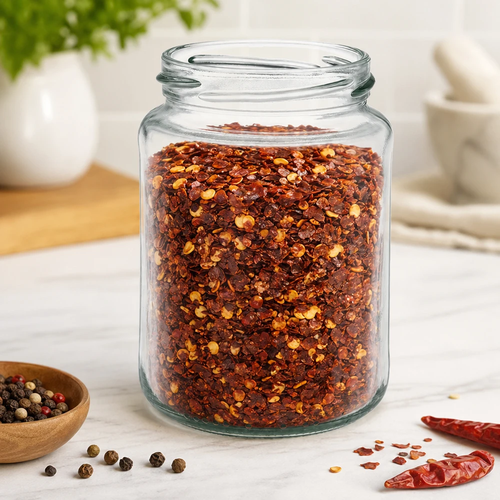 382ml Verre rond sans couvercle (TO66) UNiTWIST UNiTWIST Runda382 Verre rond 382ml TO66 rempli de mélange d'épices au piment dans une cuisine claire sur une table en marbre