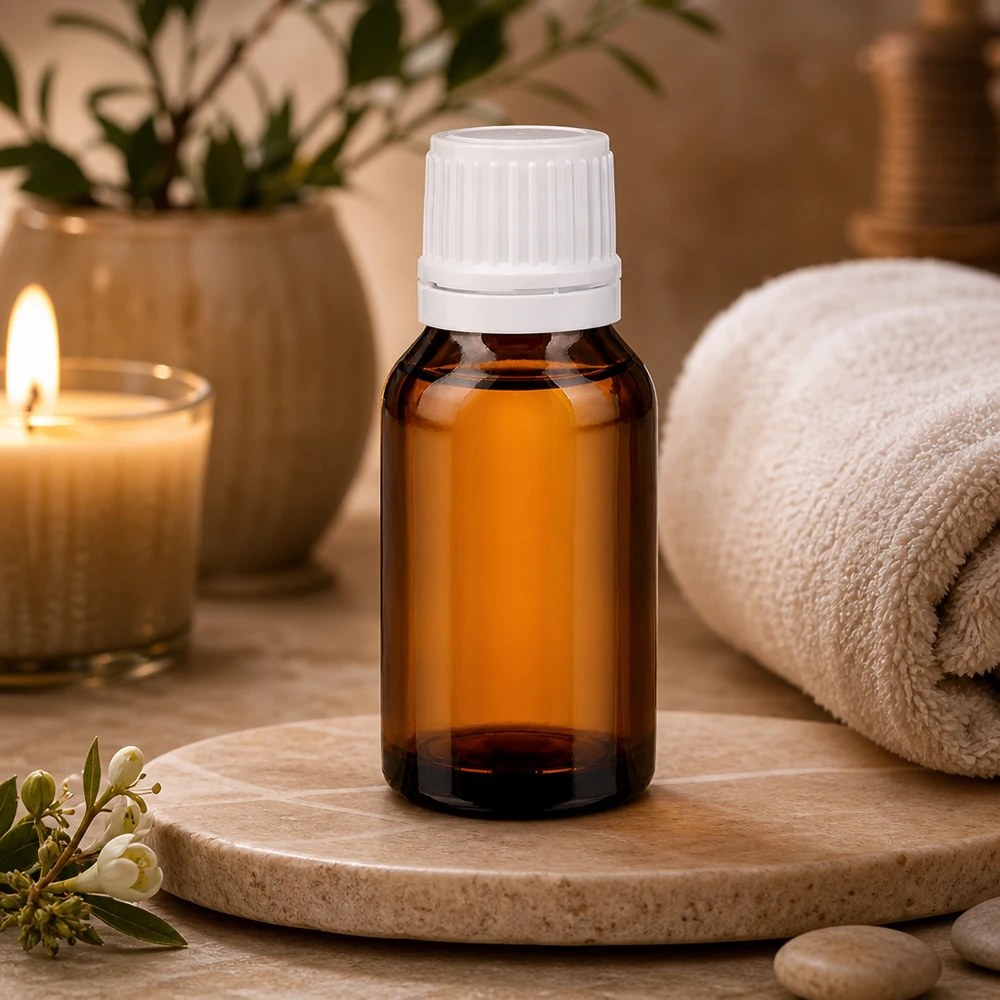 Flacon de pharmacie couleur ambre de 15 ml avec bouchon à vis blanc, posé sur un plateau en marbre