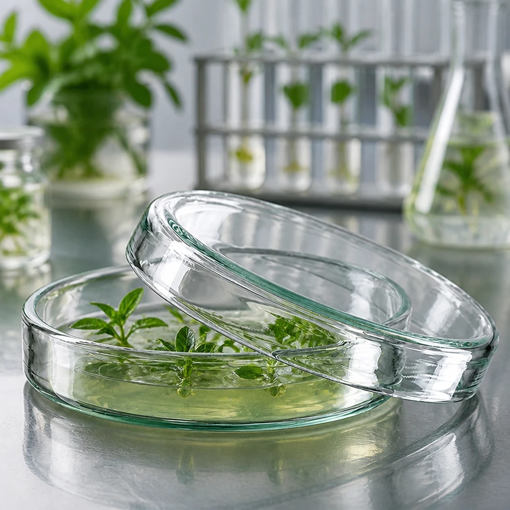 Boîtes de Pétri en verre de 60 x 15 mm contenant des pousses de plantes en solution nutritive, placées devant des tubes à essai dans un laboratoire