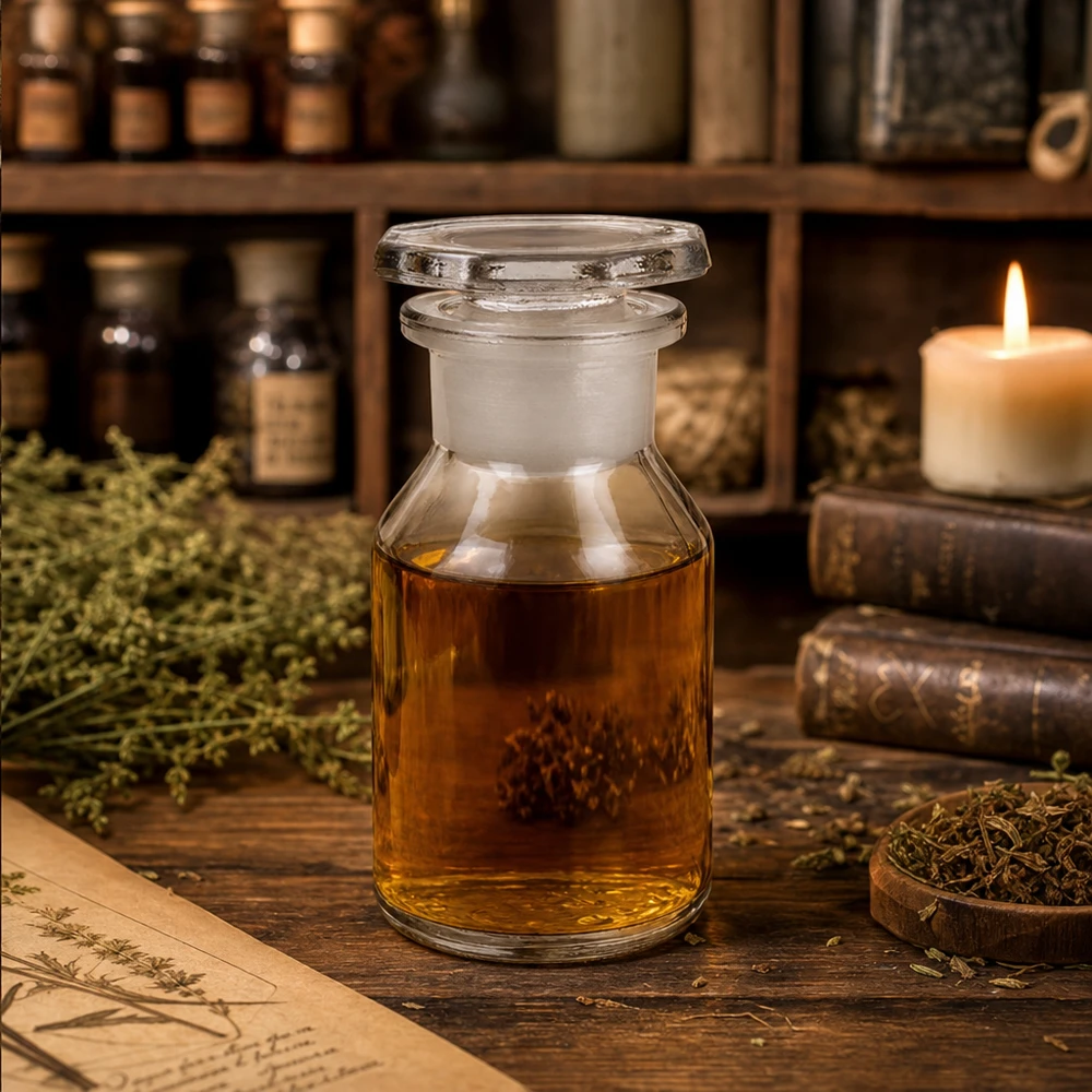 Flacon à col large de 50 ml, transparent, avec bouchon en verre, pour extraits de plantes et teintures