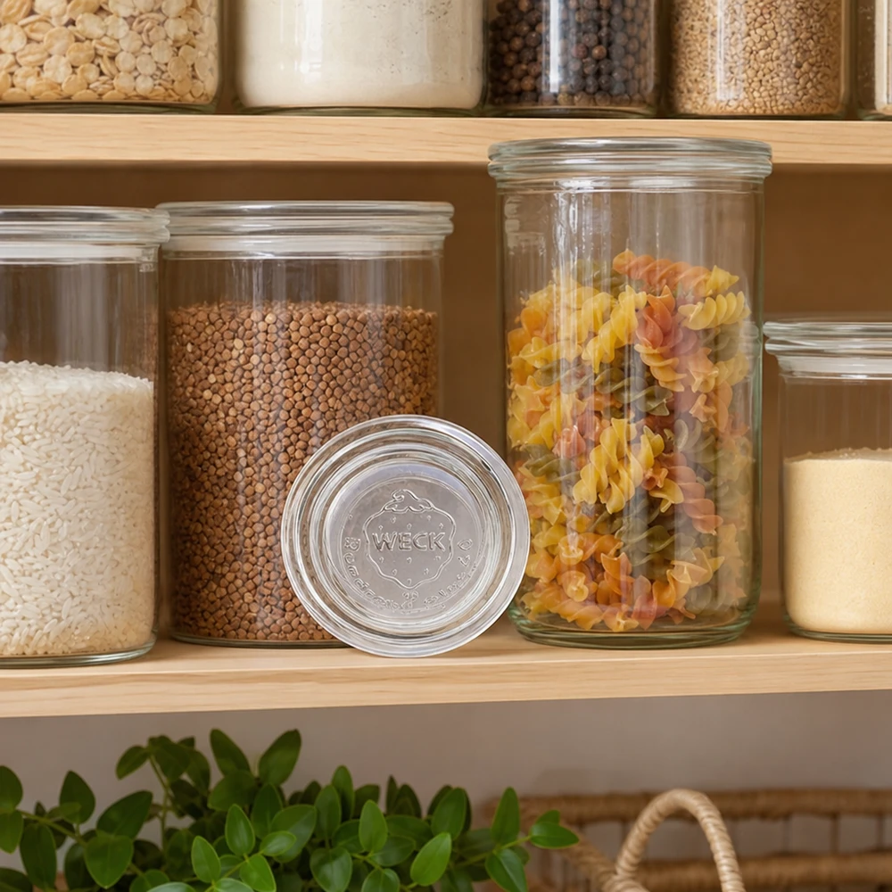 Couvercle en verre WECK RR40 WECK Couvercle en verre RR40 pour la conservation des pâtes Lentilles et céréales dans une cuisine de réserve avec des étagères en bois