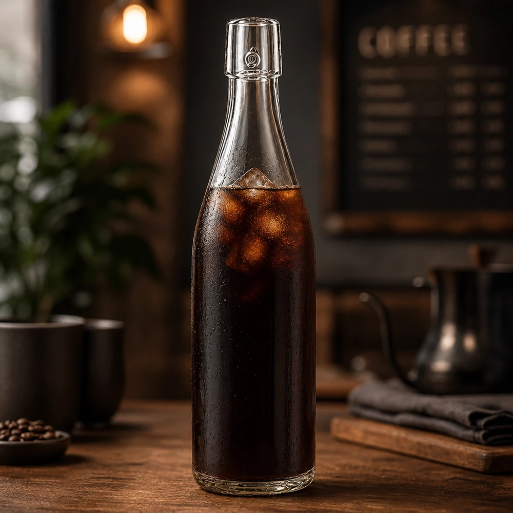 Bouteille en verre de 500 ml sans bouchon mécanique UNiTWIST 500ml UNiTWIST Glasflasche mit Cold Brew Kaffee befüllt und Eiswürfeln in stylischer Café-Atmosphäre