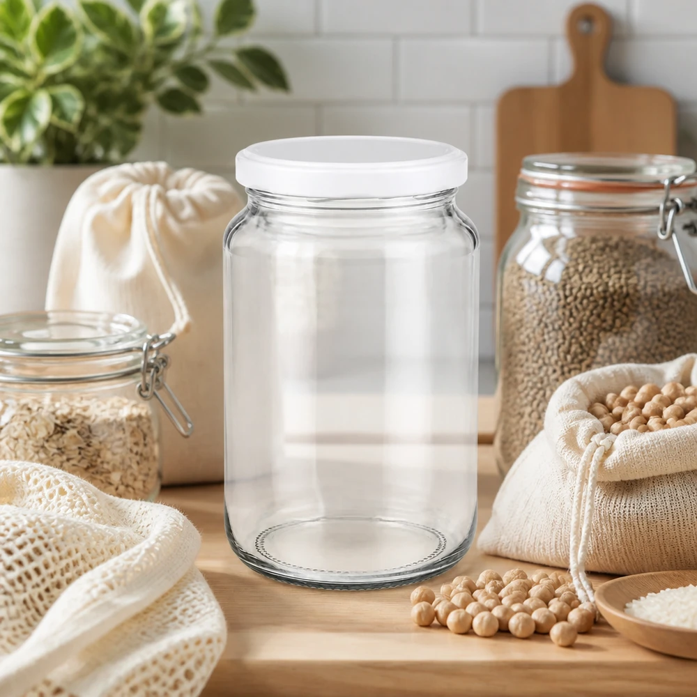 382ml Verre rond avec couvercle BasicSeal blanc UNiTWIST 382ml UNiTWIST Rundglas mit weißem BasicSeal Deckel in nachhaltiger Zero-Waste Küche mit Hülsenfrüchten und Stoffbeuteln