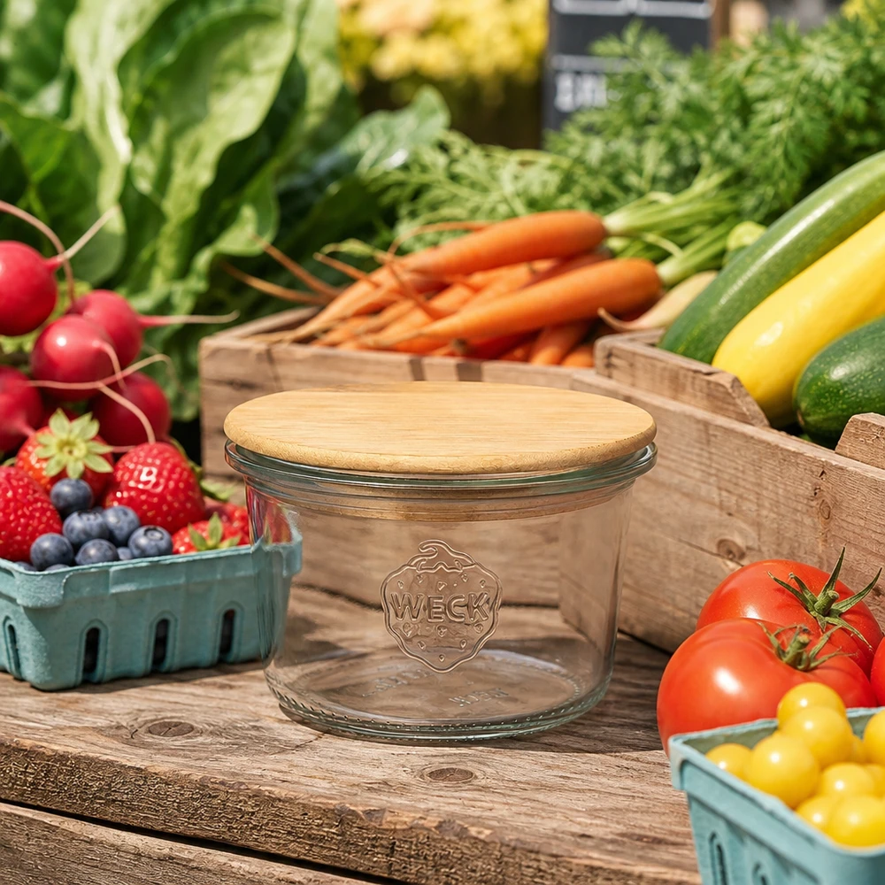 WECK Sturzglas 80ml RR60 mit Bambusdeckel auf Holztisch zwischen frischem Gemüse Obst Marktstand Atmosphäre