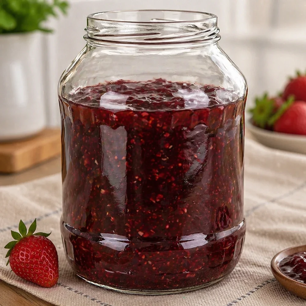 2650ml Verre rond sans couvercle (TO100) UNiTWIST Pot renversé 2650ml rempli de confiture de fraises UNiTWIST Runda2650 Pot de conservation TO100 Filetage Exemple d'utilisation
