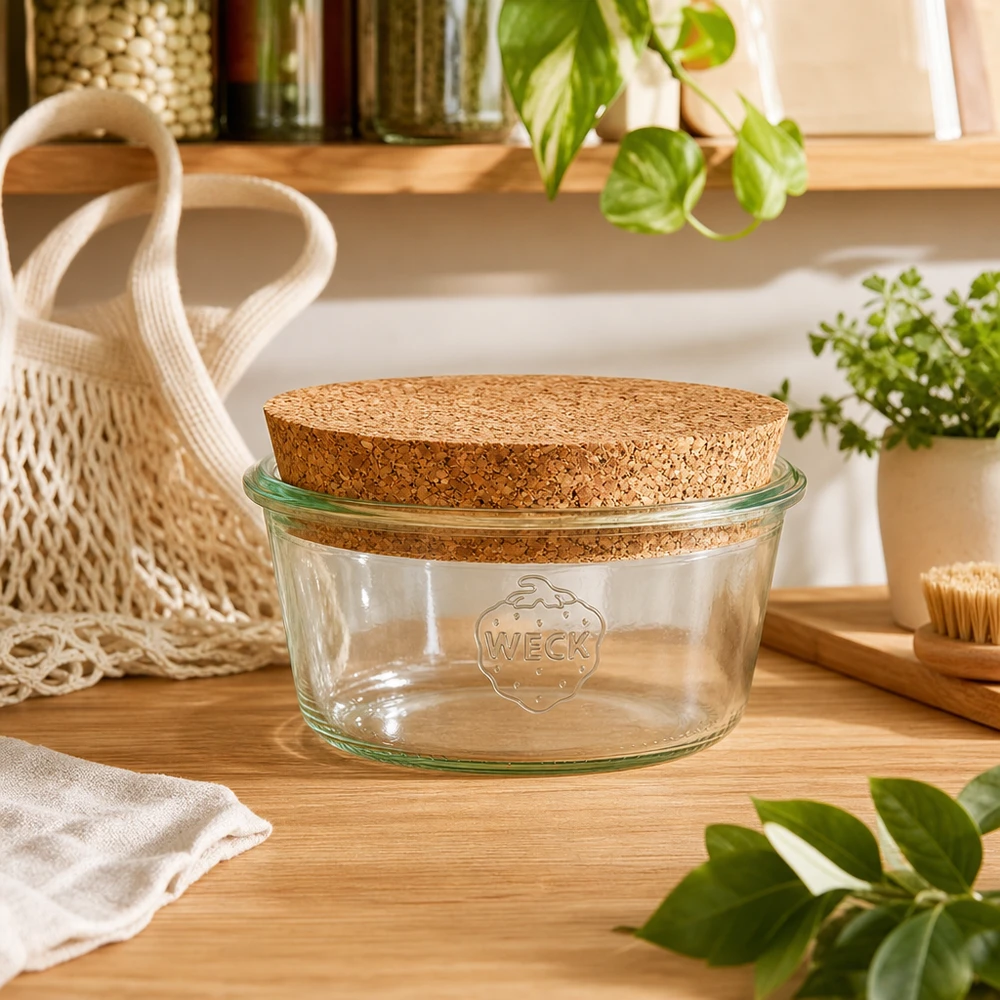 WECK Pot à provisions 290ml RR100 avec couvercle en liège dans la cuisine durable Zero-Waste avec plantes et sac en filet