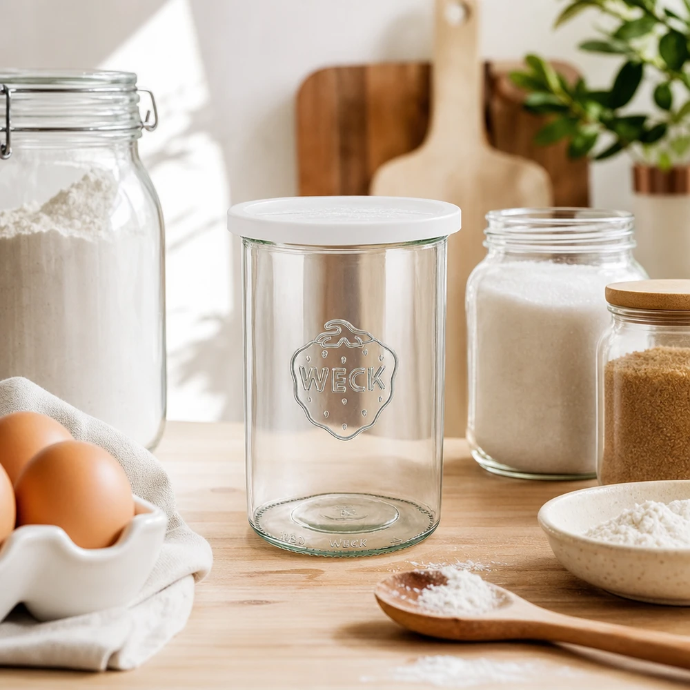 1000ml bocal conique avec couvercle fraîcheur WECK RR100 WECK Bocal 1000ml RR100 bocal vide avec couvercle fraîcheur entre la farine, les œufs et les ustensiles de cuisine indique les ingrédients.