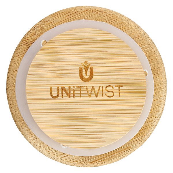 UNITWIST Couvercle en bois RR60 Vue de dessus avec logo gravé au laser et anneau d'étanchéité en silicone transparent pour bocaux WECK