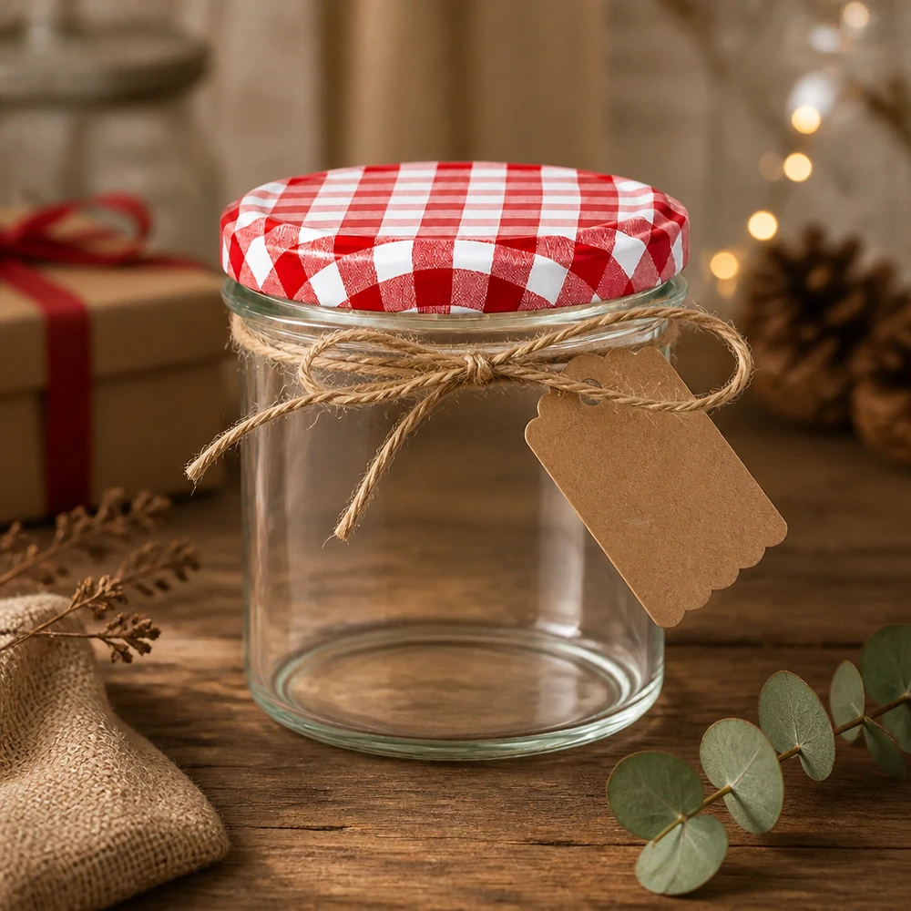 Verre renversé de 350 ml comme emballage cadeau avec corde de jute et pendentif, couvercle à carreaux rouges et blancs, décoré pour Noël