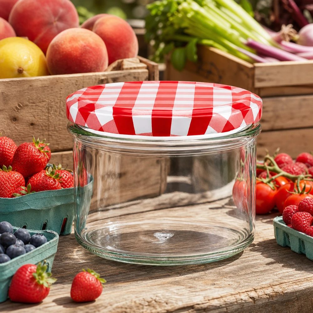 225ml Verre conique avec couvercle BasicSeal rouge/blanc UNiTWIST Pot de 225 ml vide avec couvercle BasicSeal à carreaux rouges et blancs entouré de fruits et légumes frais à mettre en conserve