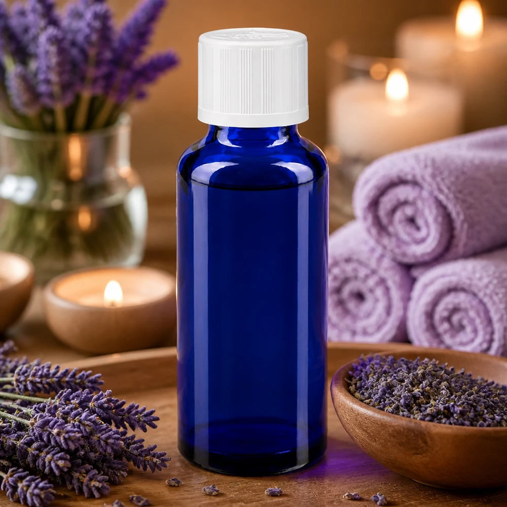 Flacon à pharmacie bleu 30ml bouchon vissable blanc sécurité enfant Flacon en verre bleu de 30 ml muni d'un bouchon de sécurité blanc pour enfants, devant des fleurs de lavande et des bougies