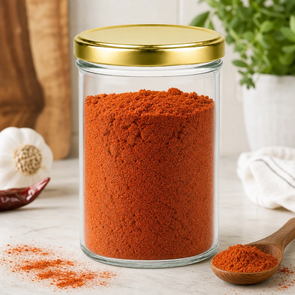 435ml pot renversé UNiTWIST rempli de paprika en poudre montre une conservation pratique des épices avec un couvercle doré