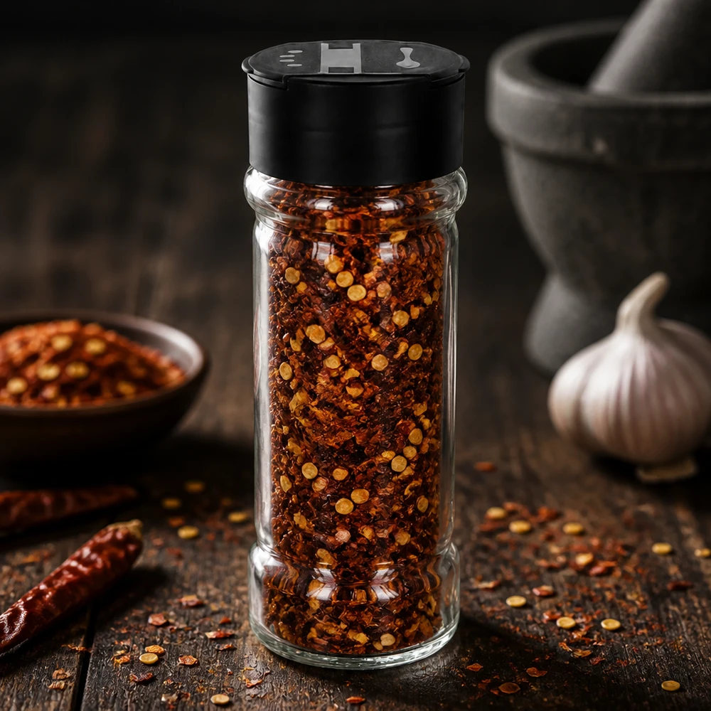 Pot à sel/épices 100 ml avec double saupoudreuse, noir Pot en verre transparent de 100 ml rempli de flocons de piment, muni d'un couvercle noir à double saupoudreuse
