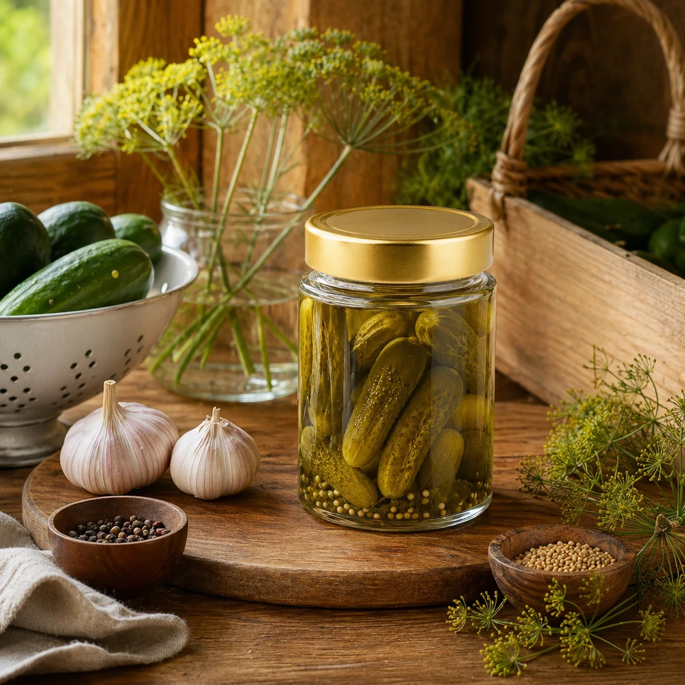 Pot rond de 202ml avec couvercle doré rempli de cornichons - pot traditionnel pour légumes marinés