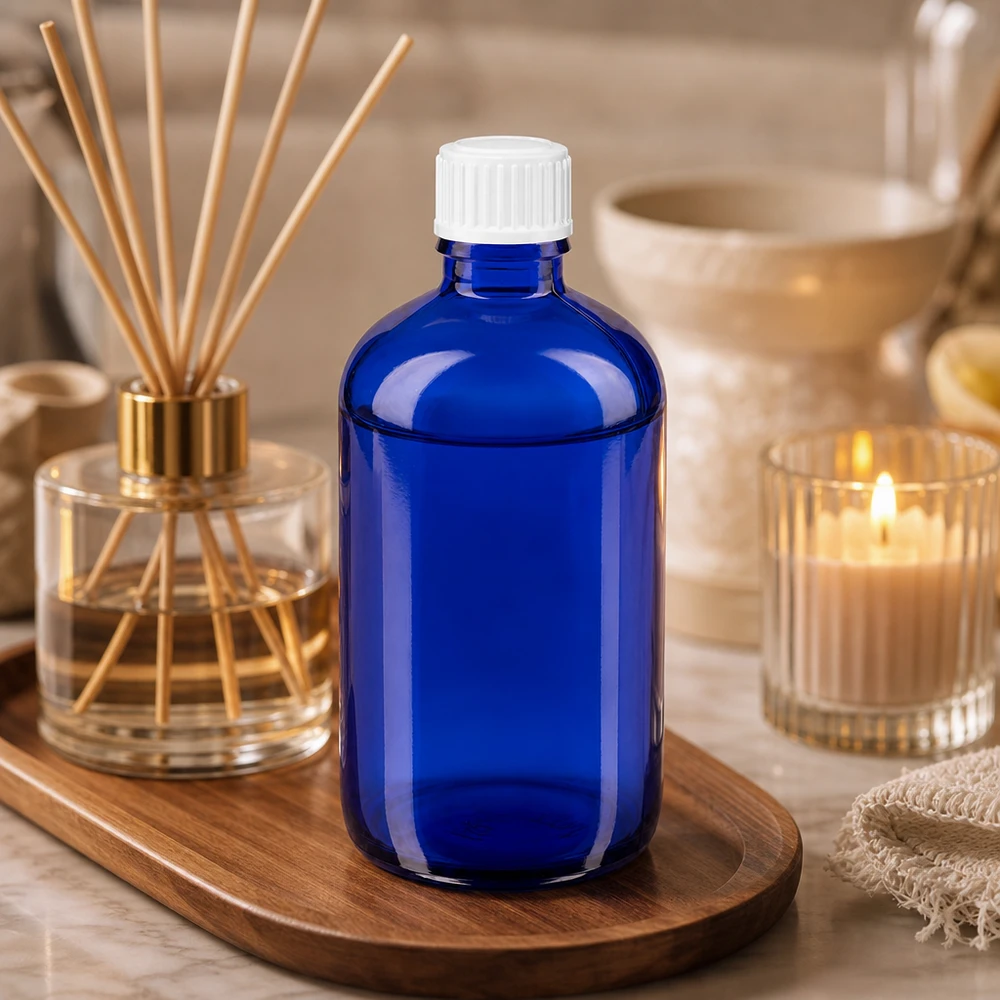Flacon de pharmacie bleu 100ml bouchon vissable blanc standart Flacon rond de 100 ml, de type pharmacien, en verre bleu cobalt avec un bouchon à vis blanc, présenté sur un plateau en bois