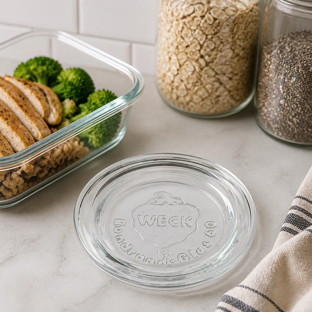 Couvercle de verre RR60 WECK WECK Couvercle en verre RR60 sur plan de travail en marbre à côté du conteneur Meal Prep avec brocolis et bocaux à provisions Style de vie à la cuisine