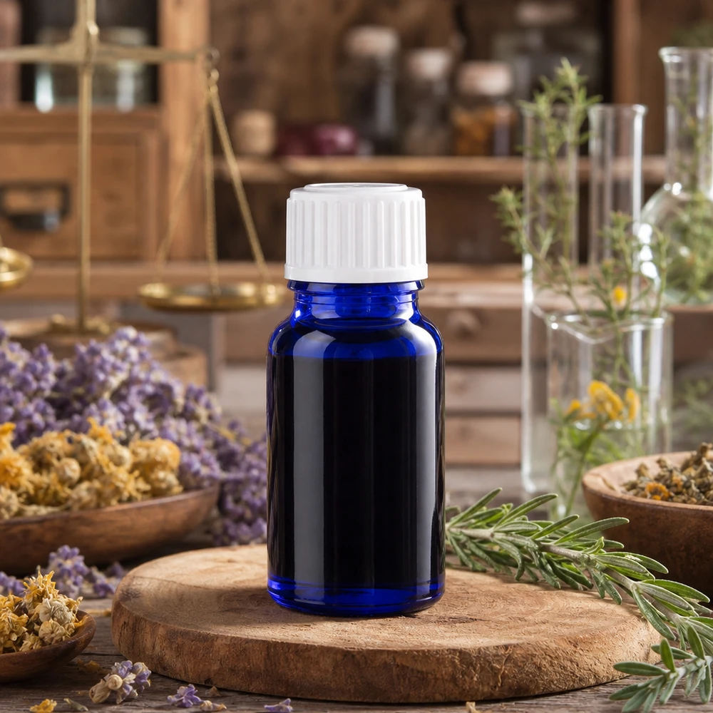 Flacon bleu de 10 ml muni d'un bouchon à vis blanc, entouré de lavande et d'herbes médicinales