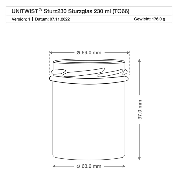 UNITWIST Sturz230 Verre renversé 230ml TO66 dessin technique avec dimensions 69mm diamètre 97mm hauteur poids 176g
