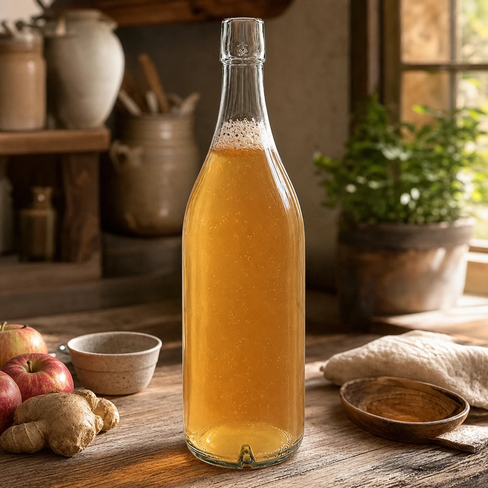 Bouteille en verre de 1000 ml sans bouchon mécanique UNiTWIST Bouteille en verre 1000ml UNiTWIST avec contenu doré sur une table en bois à côté de pommes et de gingembre dans une cuisine rustique