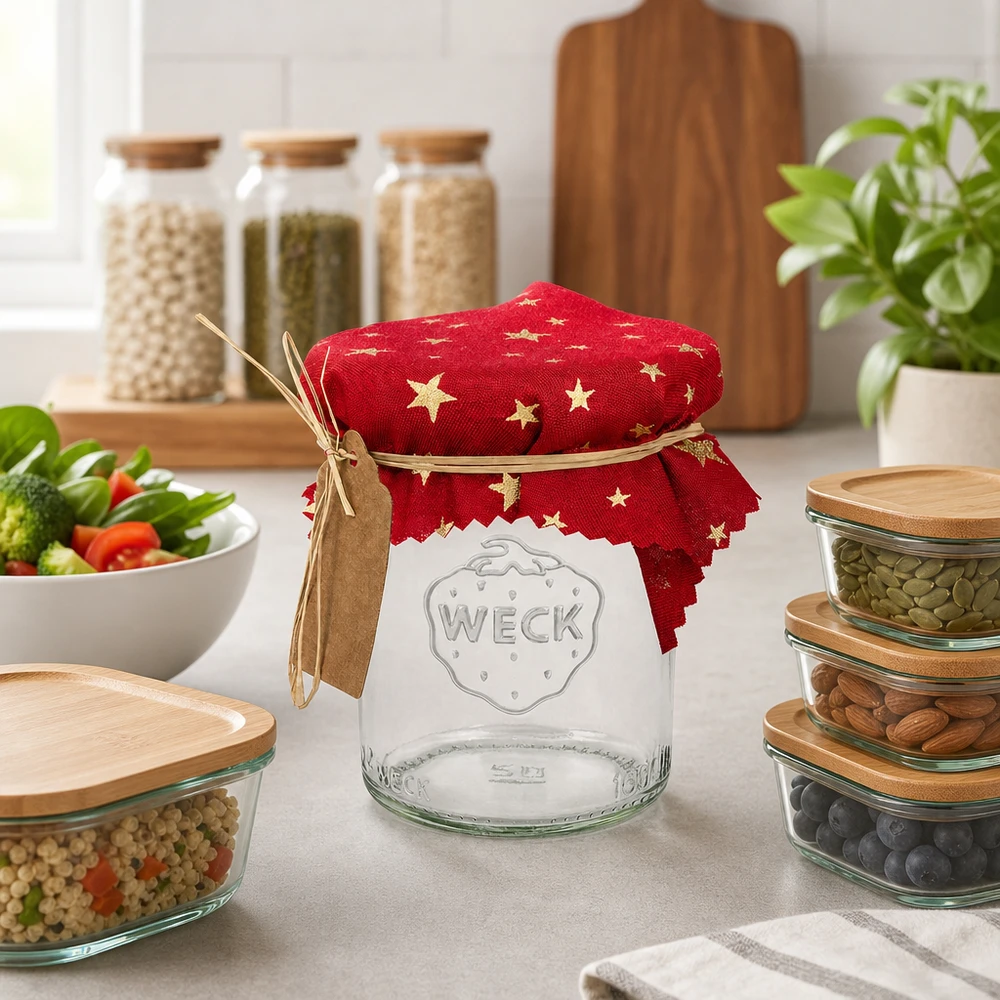 Couvercle en tissu rouge étoilé 12cm sur table de cuisine en verre WECK vide avec bocaux à provisions et légumes frais Ambiance