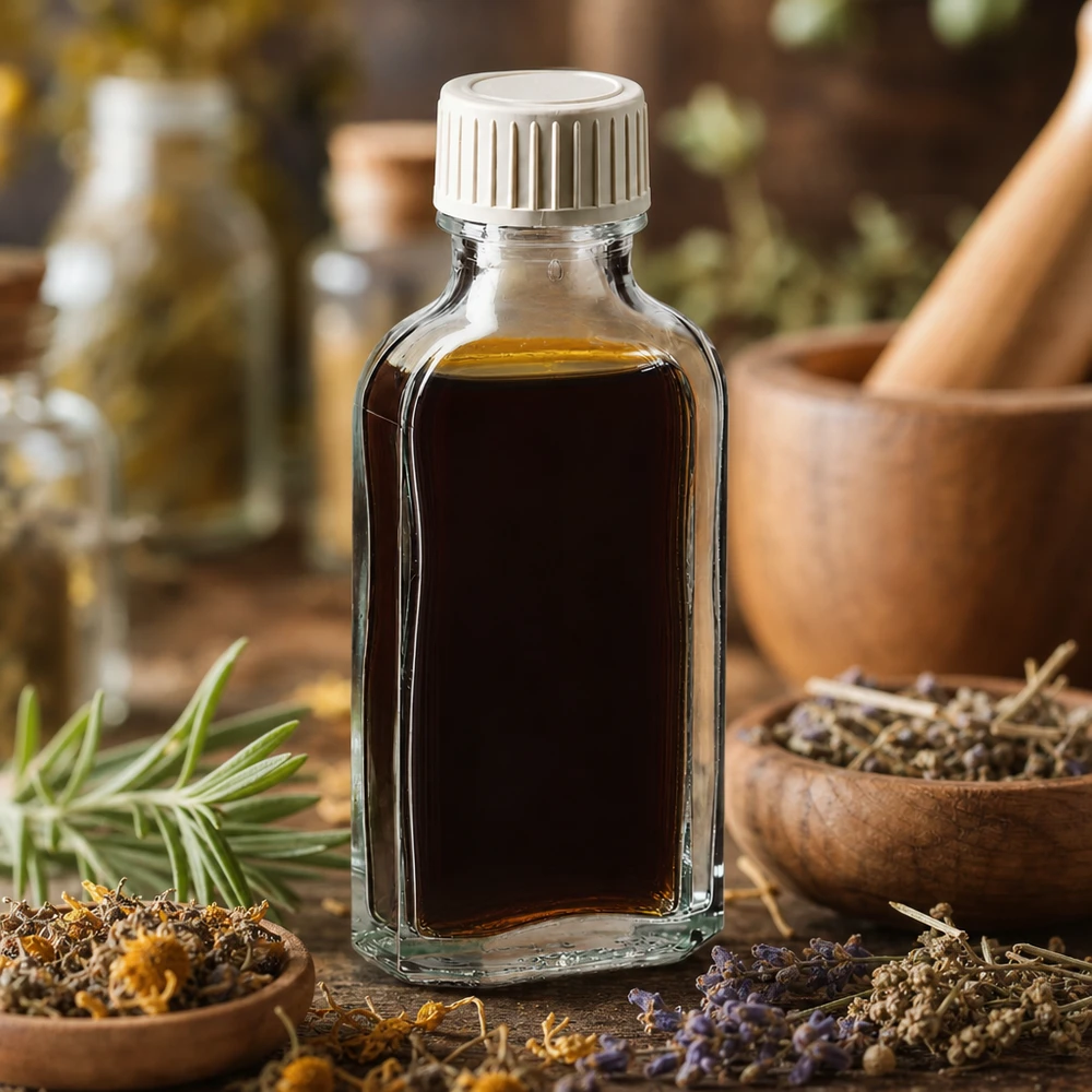 Petite bouteille en verre Meplat de 50 ml avec un bouchon à vis blanc, posée entre des herbes séchées et un mortier en bois