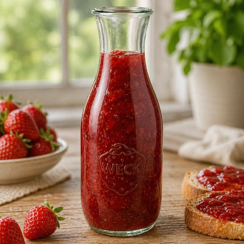 Bouteille à jus WECK RR60 de 1 062 ml WECK Bouteille de jus 1062ml RR60 remplie de confiture de fraises maison à côté de tranches de pain et de baies fraîches