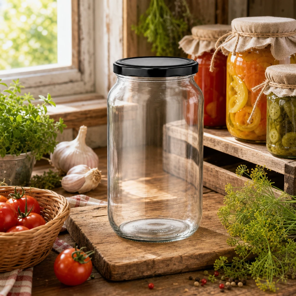 1062ml Verre rond avec couvercle BasicSeal noir UNiTWIST Pot rond de 1062ml avec couvercle BasicSeal dans une cuisine rustique - pot polyvalent pour confitures et conserves