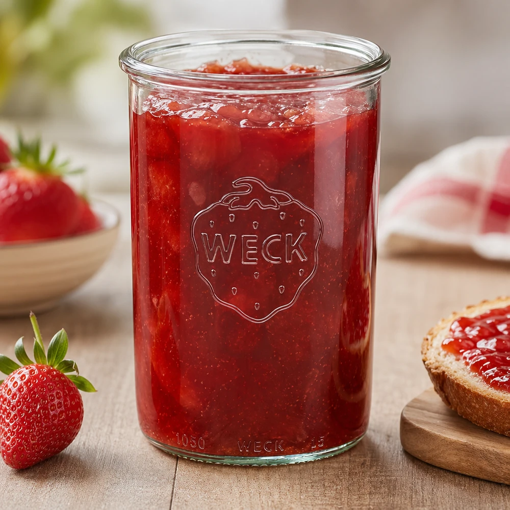 WECK Pot renversé 1000ml RR100 rempli de confiture de fraises sur table en bois avec fraises fraîches et pain