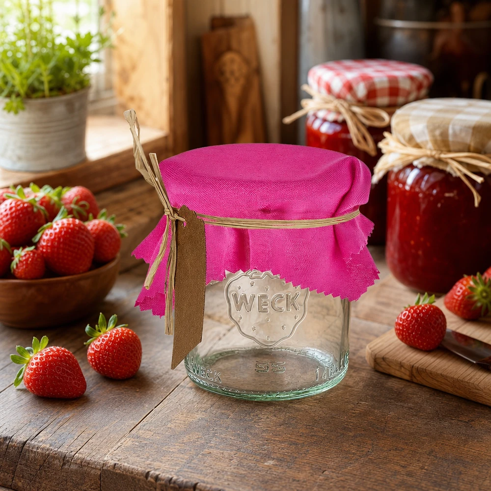 Tissu napperon pour décoratif rose 12cm carré Cache-bijoux rose 12cm carré sur bocal dans cuisine rustique avec fraises fraîches et pots de confiture