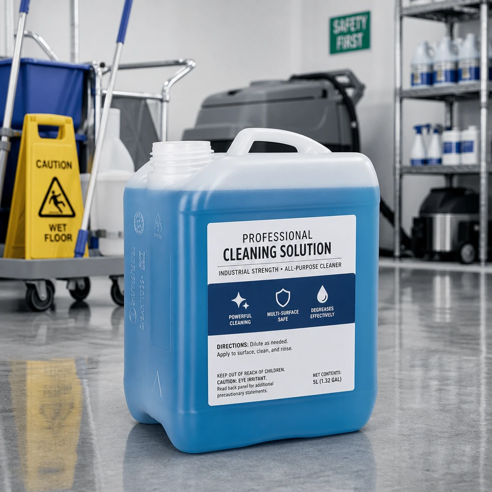 Bidon transparent en PEHD de 2,5 litres, sans couvercle, rempli de solution nettoyante bleue
