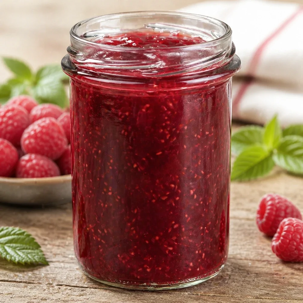 230ml Verre conique sans couvercle (TO66) UNiTWIST UNiTWIST Pot renversé 230ml TO66 rempli de confiture rouge, entouré de framboises fraîches et de feuilles vertes