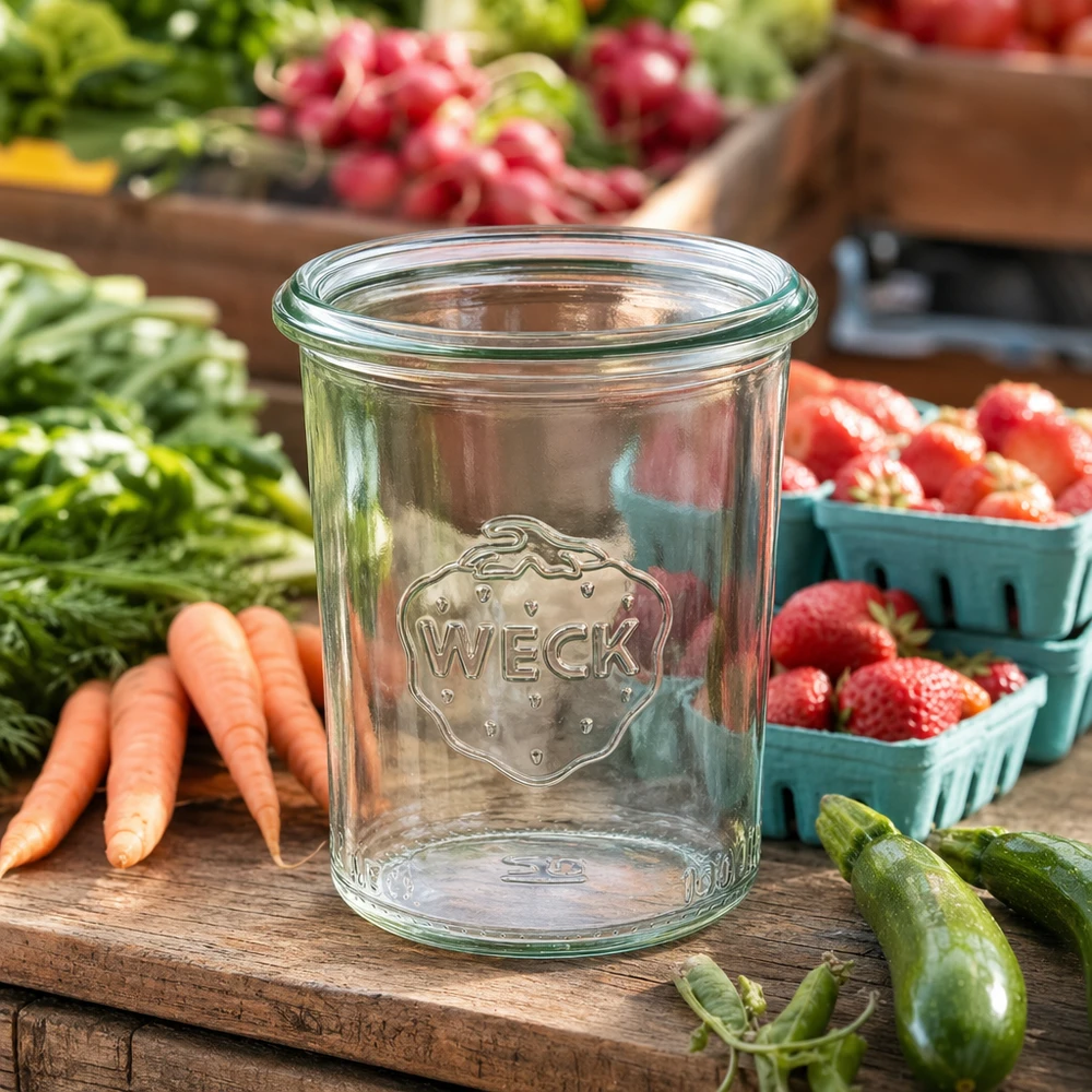 160ml bocal conique WECK RR60 160ml WECK Pot renversé RR60 en verre transparent sur table en bois entouré de fruits et légumes frais