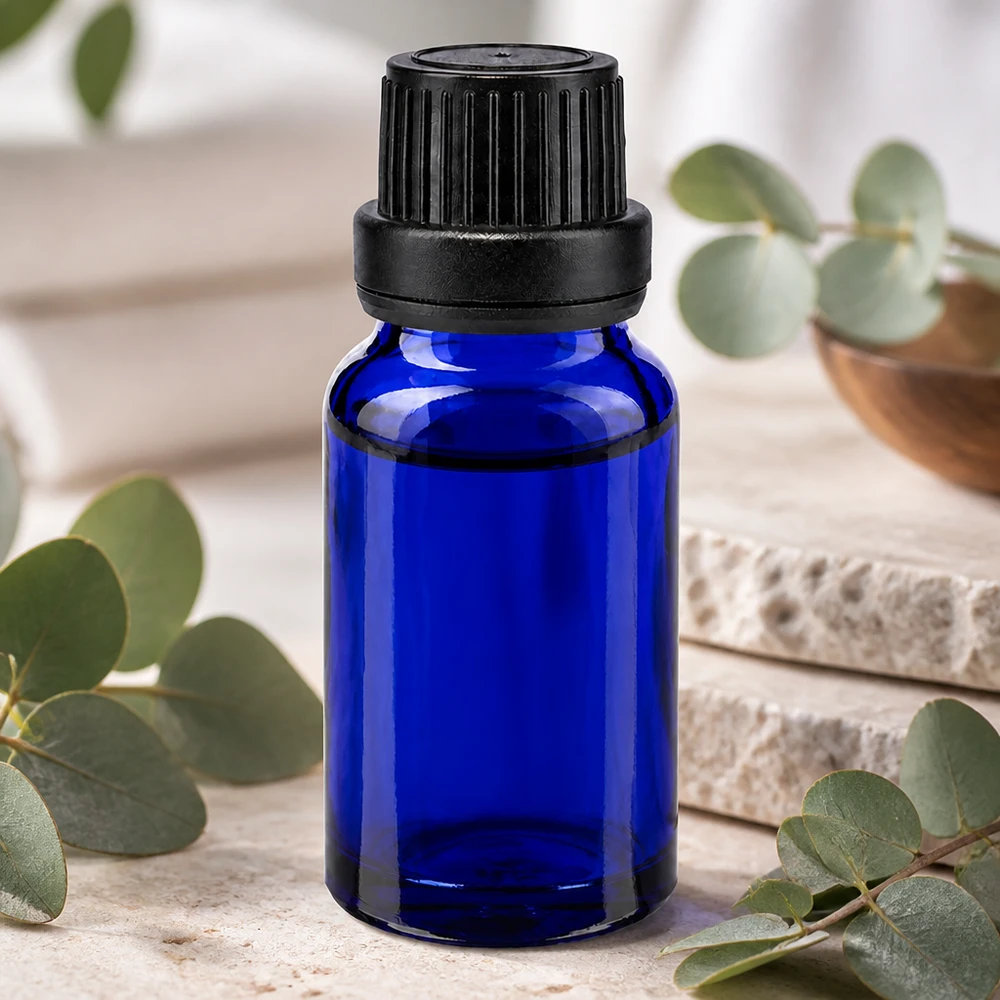 Flacon en verre bleu cobalt de 10 ml avec bouchon à vis noir et bague d'inviolabilité pour cosmétiques naturels