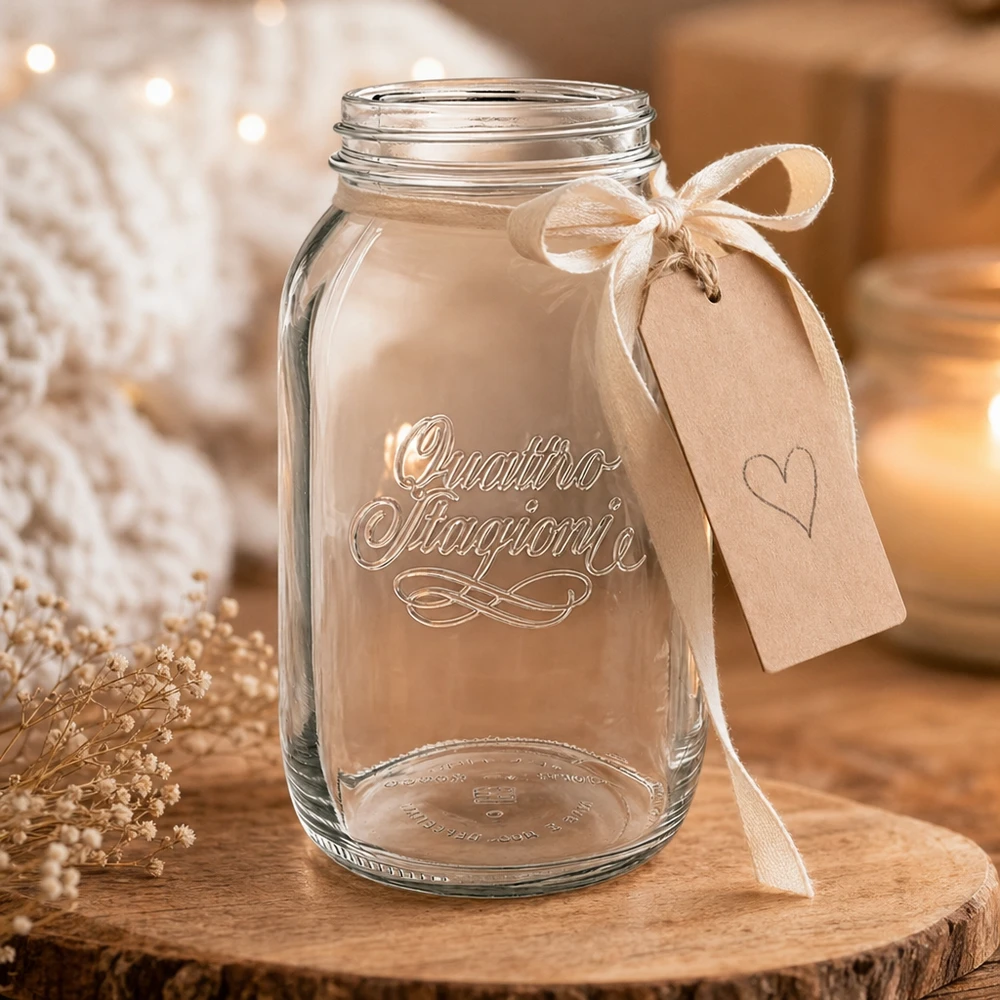 1500ml Quattro Stagioni Verre de ménage avec ruban et pendentif sur planche en bois dans une cuisine rustique