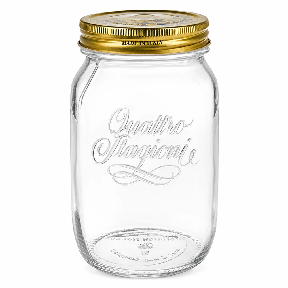 Verre rond 1000ml « Quattro Stagioni » avec couvercle 1000ml Quattro Stagioni Pot rond avec couvercle doré à visser Made in Italy Pot de conserve vide
