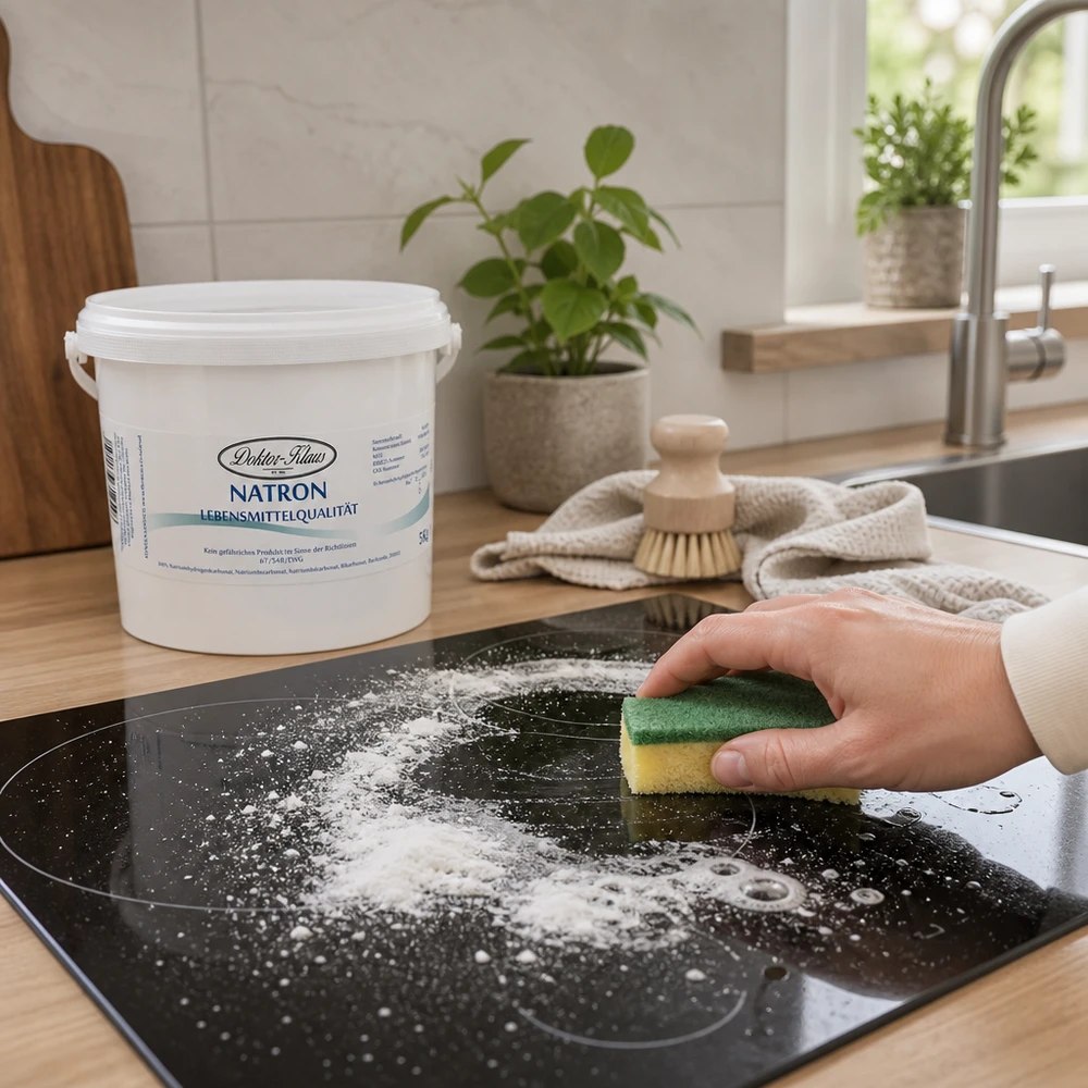 Bicarbonate de soude Docteur Klaus seau de 5kg lors du nettoyage de la plaque vitrocéramique avec une éponge dans une cuisine moderne