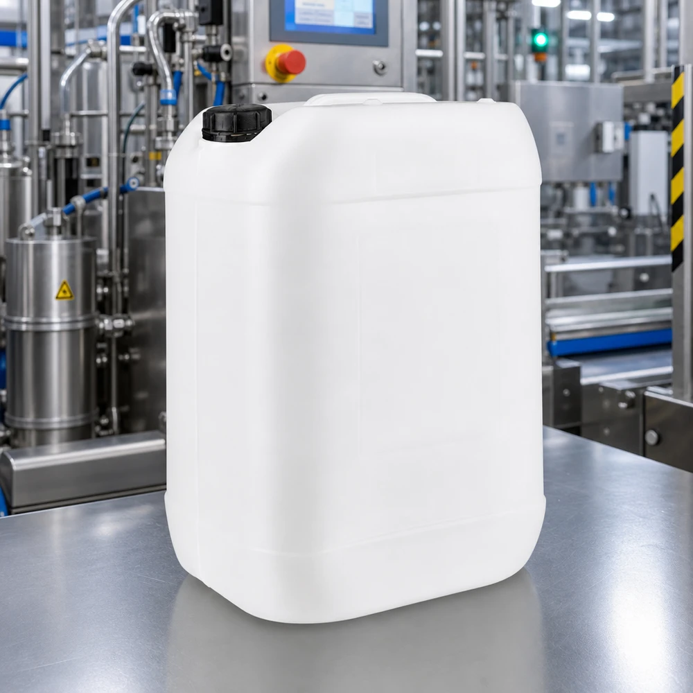 Bidon industriel blanc de 25 litres avec bouchon à vis, destiné aux liquides chimiques