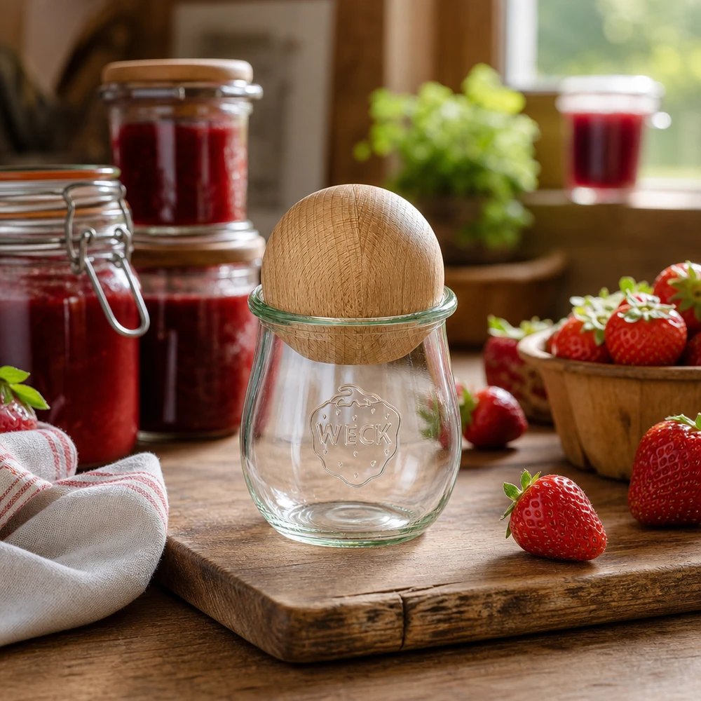 220ml bocal tulipe WECK RR60 avec boule en bois en hêtre WECK Pot tulipe RR60 220ml dans une cuisine rustique avec des fraises et des pots de confiture, détail du couvercle en boule de hêtre