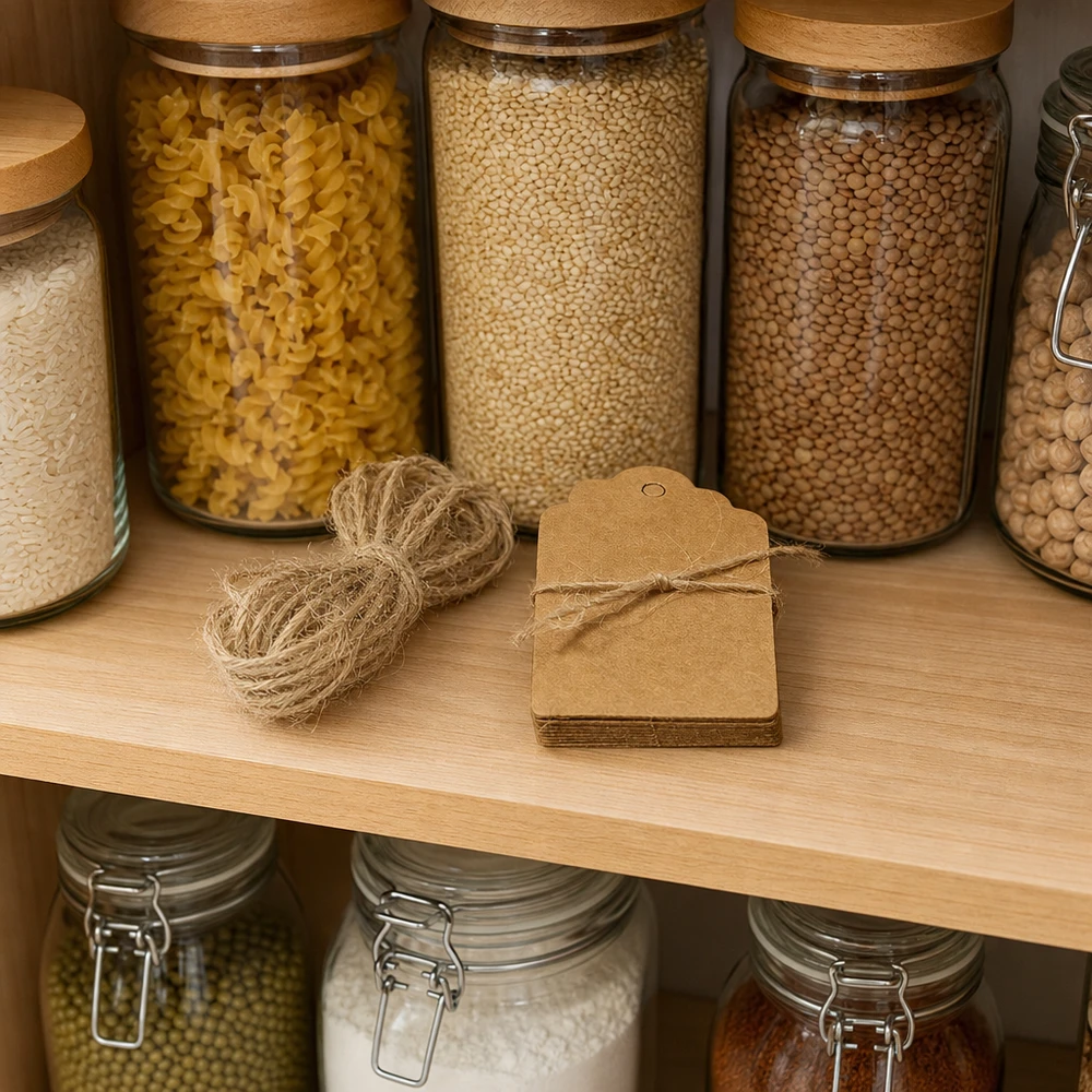 Une cuisine organisée avec des bocaux à provisions et des étiquettes en papier kraft brun 30x50mm pour étiqueter les boîtes à provisions