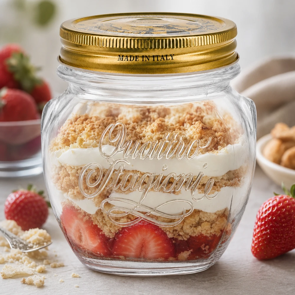 Verre rond 300ml « Quattro Stagioni » avec couvercle Quattro Stagioni 300ml Verre rond avec couvercle doré rempli d'un dessert à couches de fraises et de vermicelles Made in Italy