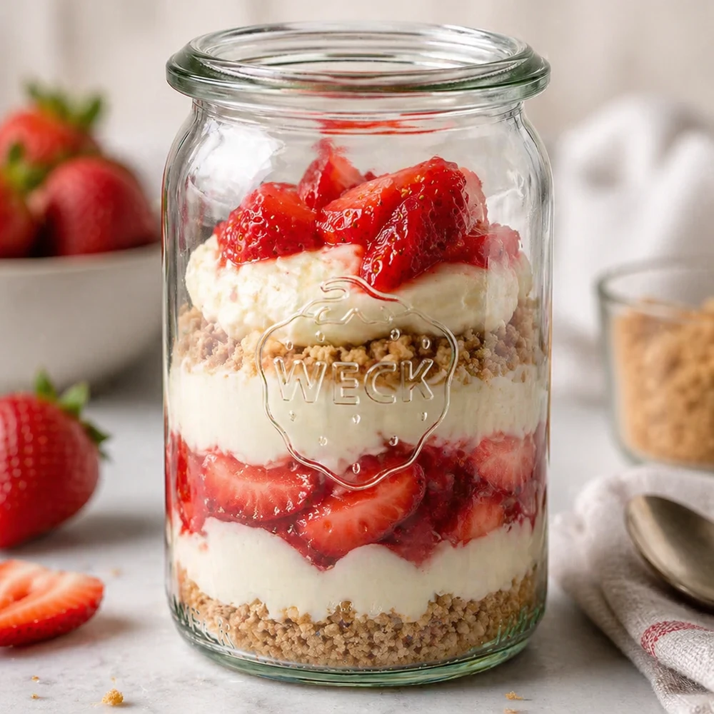 WECK RR40 Verre cylindrique 145ml comme verre à dessert avec fraises crème et crumble en couches sur le comptoir de la cuisine