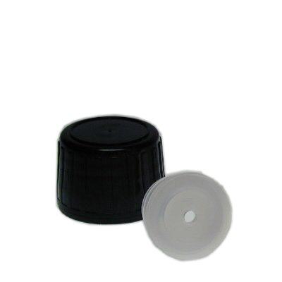 Bouchon à vis noir + embout gicleur, 28mm pr flacons méd PET, inviolable Bouchon à vis noir + embout gicleur, 28mm pr flacons méd PET, inviolable