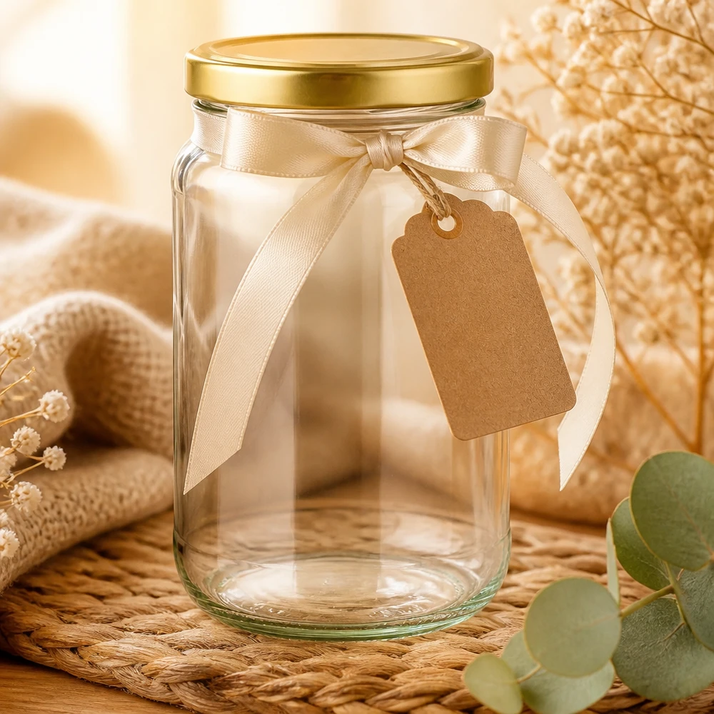 1700ml Rundglas mit goldenem BasicSeal Deckel dekorativ arrangiert mit Schleife und Anhänger als Geschenkidee