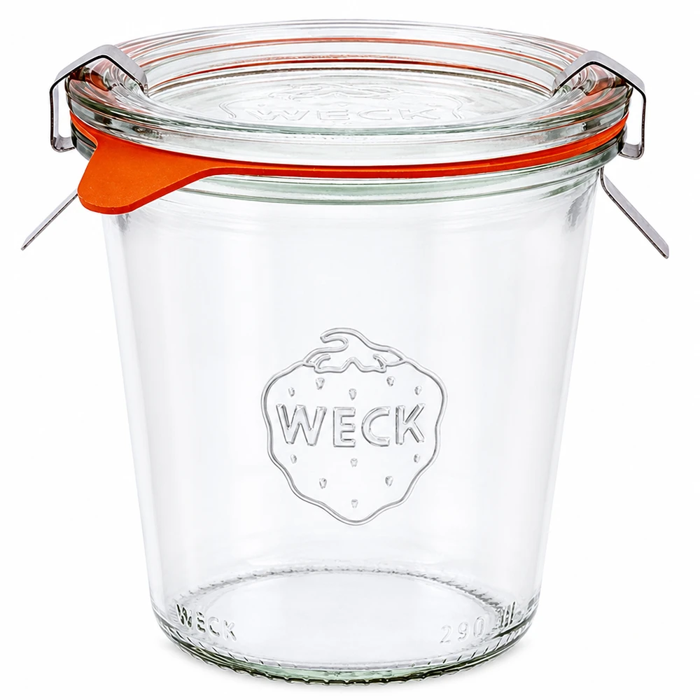 290ml bocal conique haut complet WECK RR80 WECK Pot renversé 290ml haut RR80 avec couvercle en verre Anneau en caoutchouc et pinces pour la mise en conserve et la conservation