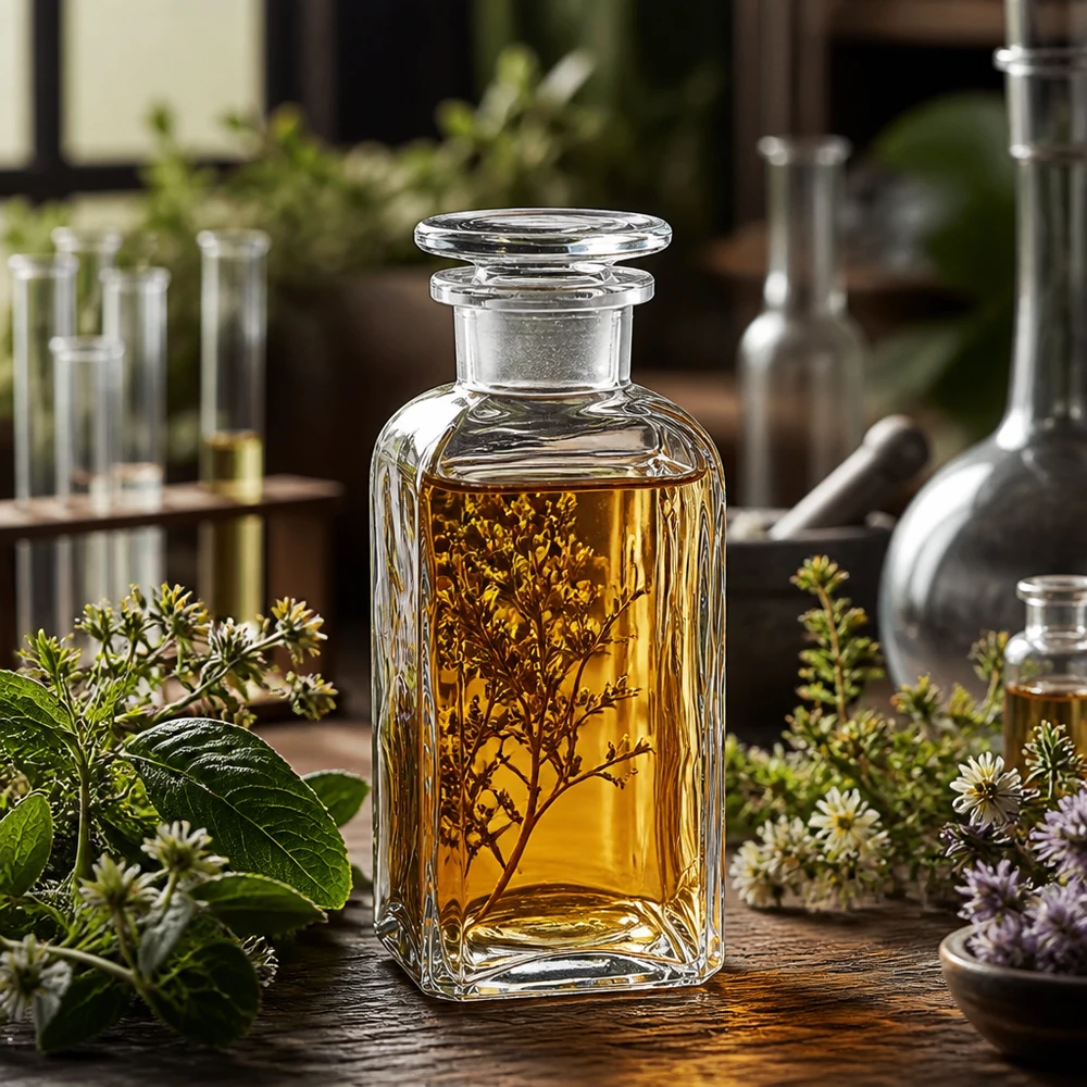 Flacon carré col large 350 ml + bouchon RIN, verre clair Bouteille carrée en verre transparent de 350 ml à col large, avec bouchon en verre, pour huiles essentielles et extraits de plantes