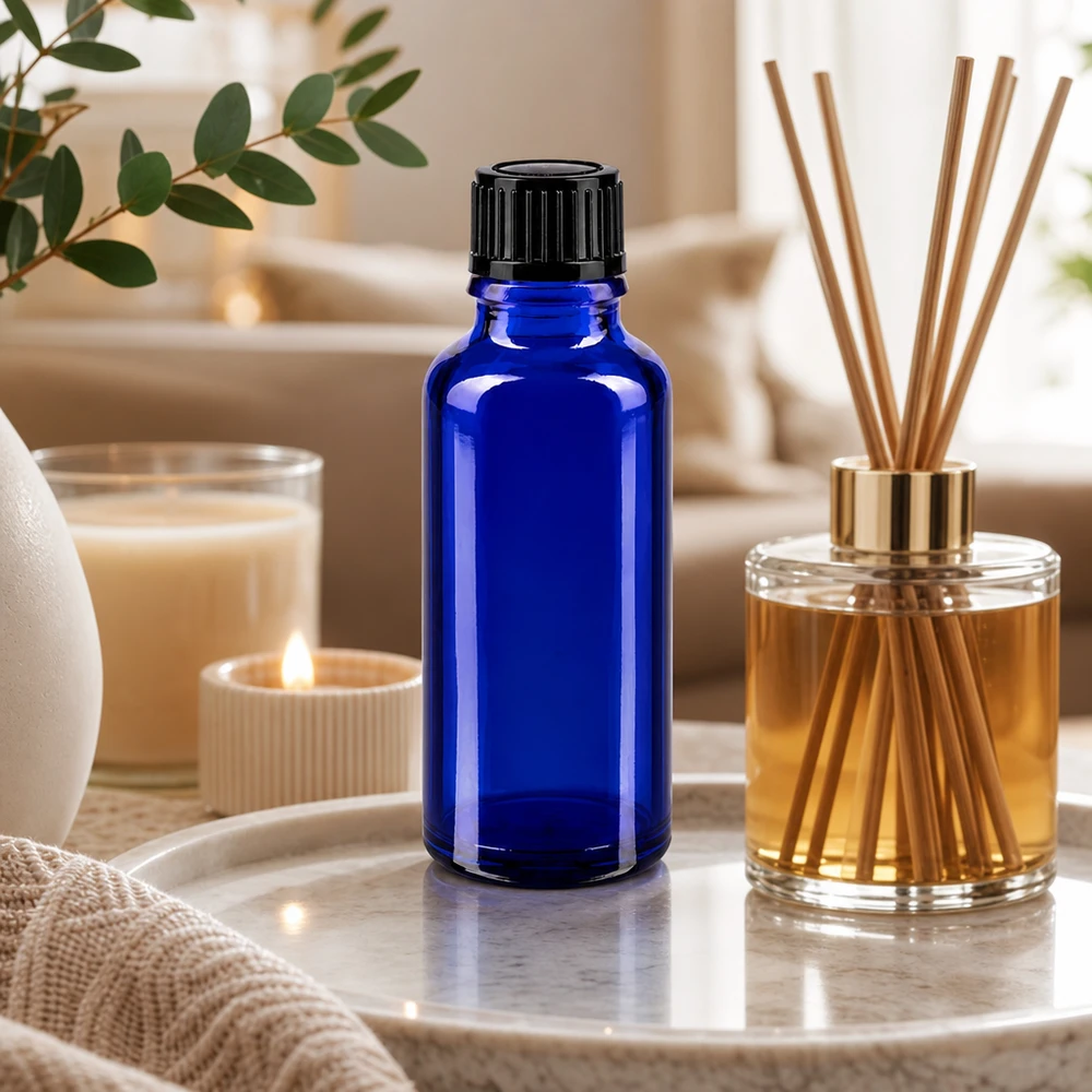 Flacon de pharmacie bleu de 30 ml avec bouchon noir, posé à côté d'un diffuseur à bâtonnets sur un plateau en marbre