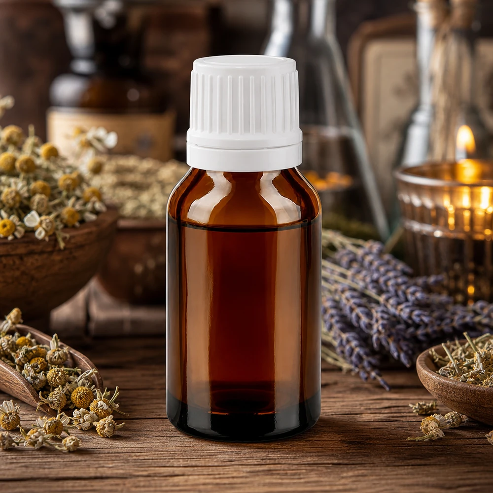 Flacon d'huile essentielle de 15 ml en verre ambré avec bouchon compte-gouttes blanc, à côté de camomille et de lavande séchées