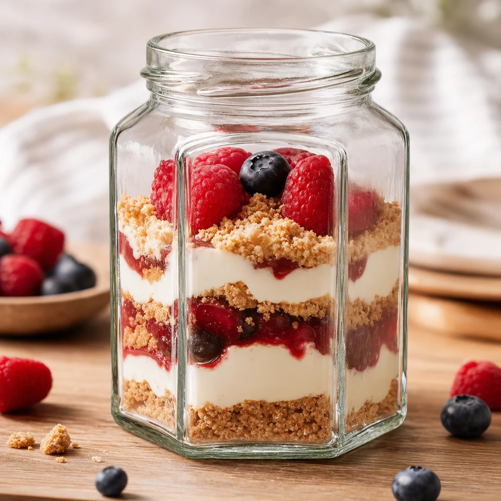 288ml Verre hexagonal sans couvercle (TO63) UNiTWIST Sechseckiges Einmachglas 288ml mit Dessert-Schichtung aus Beeren und Creme - perfekt für Mason Jar Rezepte und Aufbewahr